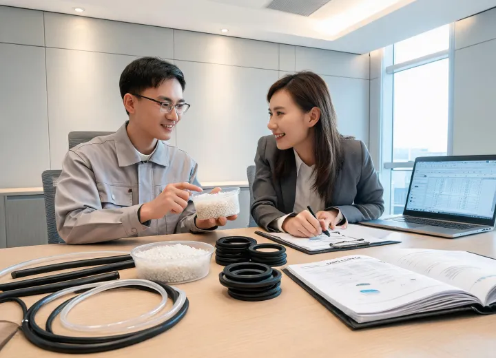 Advisor reviewing material samples